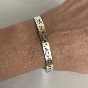 Sterling Silver 925 Stamped “Follow Your Inner Compass” Oval Cuff Bracelet 6.75"